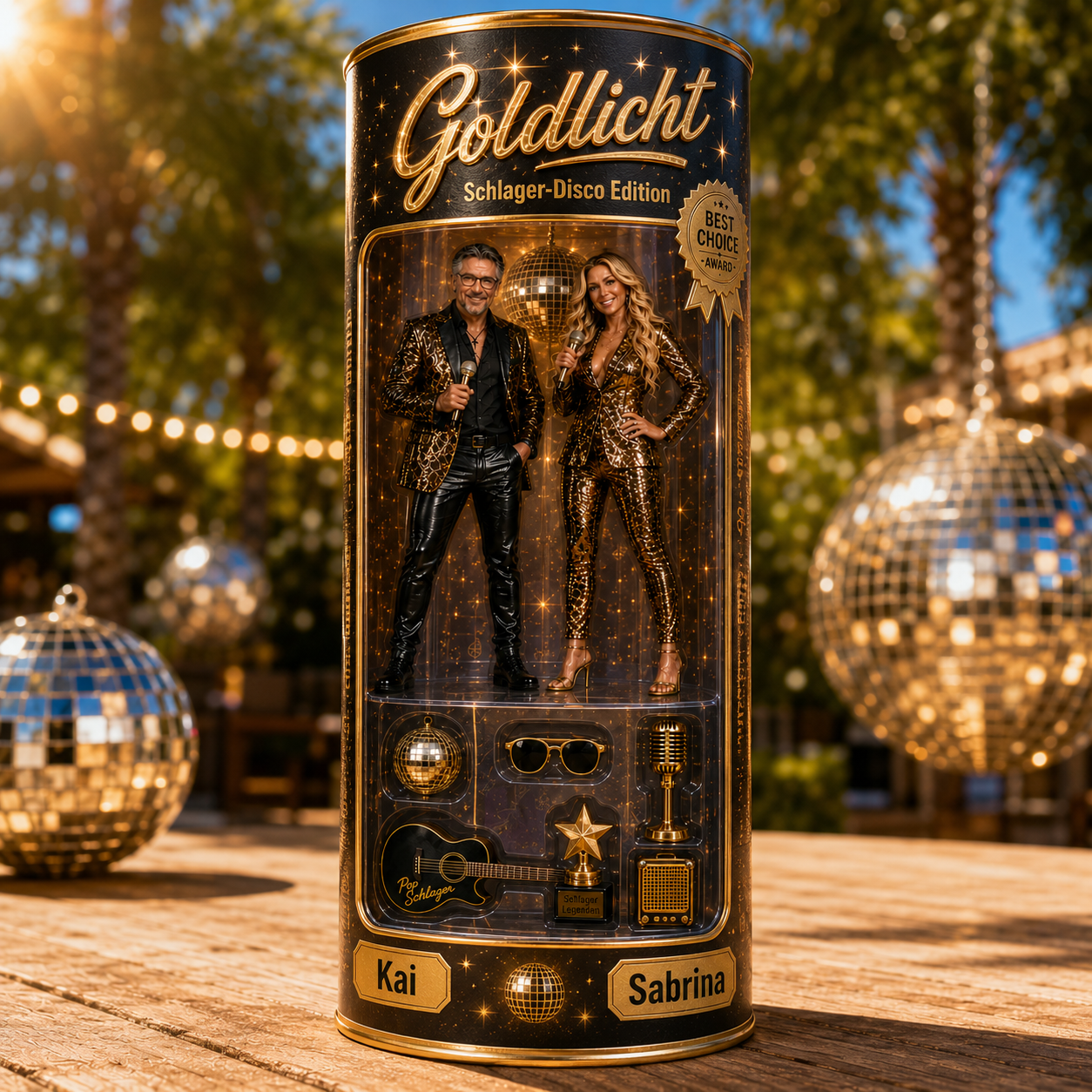 Goldlicht 360-Grad-Rundvitrine als Säulen-Display mit dem Duo